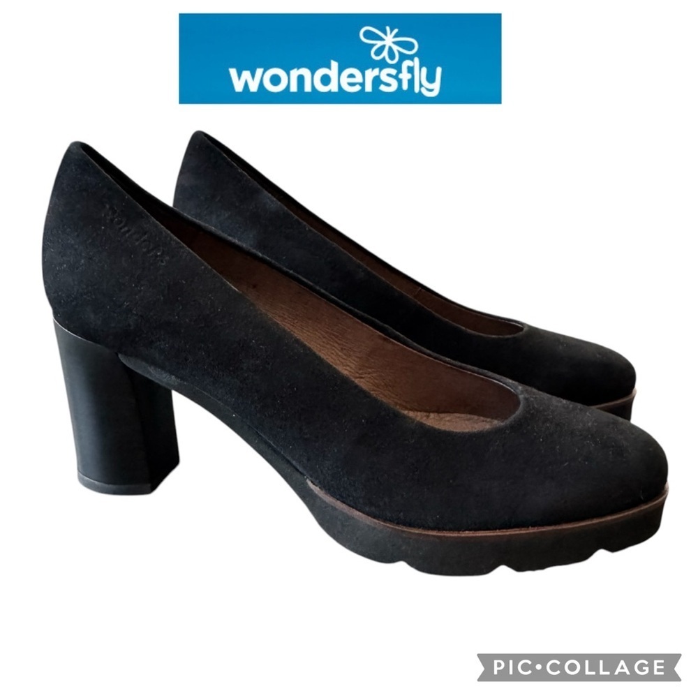 Wonders Fly Memory Gel Black suede platform pump Heels size 35 (5)